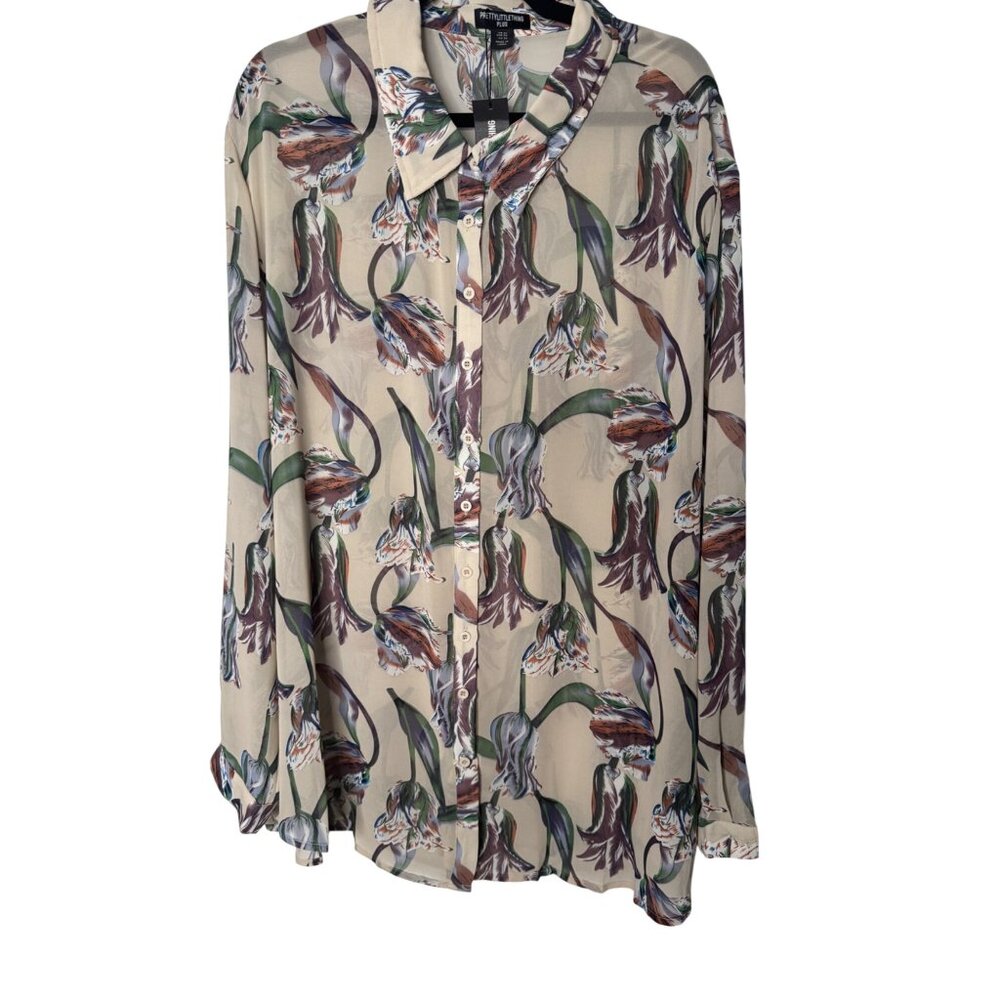 NWT PrettyLittleThing Plus 22 Sheer Floral Button-Up Blouse